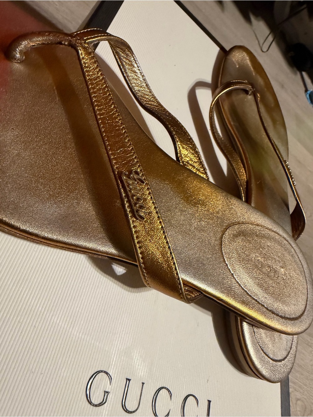 Gucci Metallic Gold Leather Thong Sandals